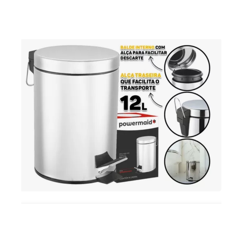 Foto LIXEIRA REDONDA 12L AÇO INOX POWERMAID